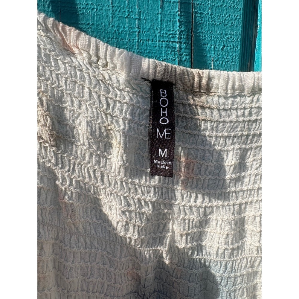 Romantic Boho Me Tie Dye Ruffle Midi Dress Blue Peach Smocked Tie Front High Low - Picture 2 of 7